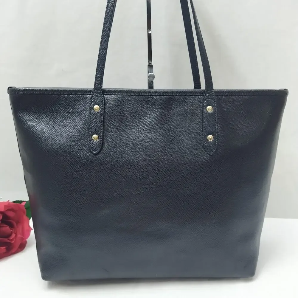 Coach Black Leather Double Handles Zipper Closure Tote Bag